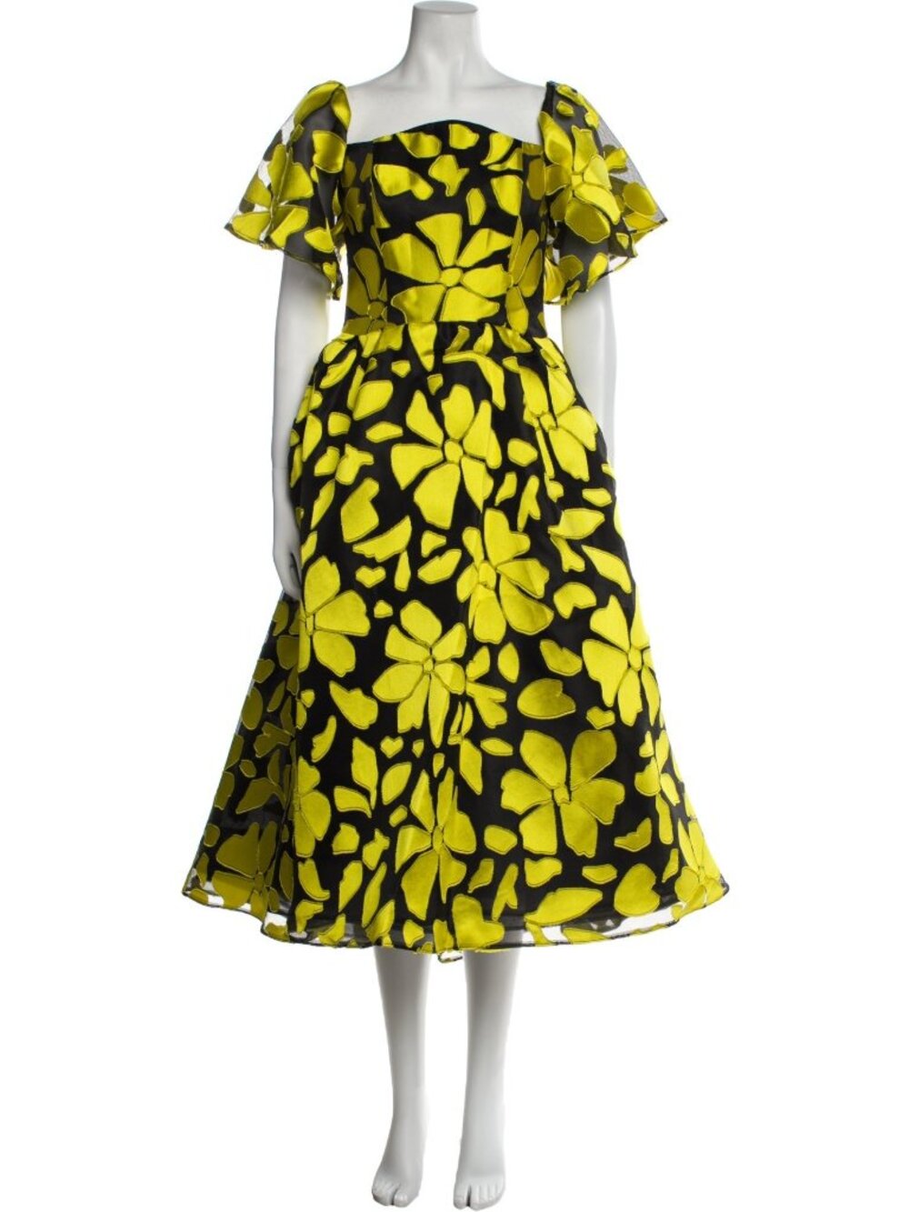 Amsale Black and Yellow Midi Dress